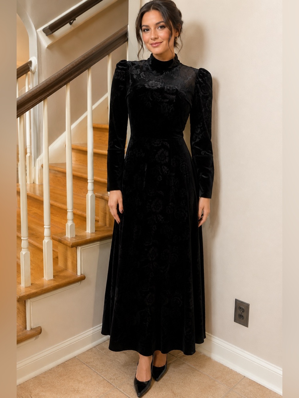 Classic Black Velvet High-Neck Maxi Dress